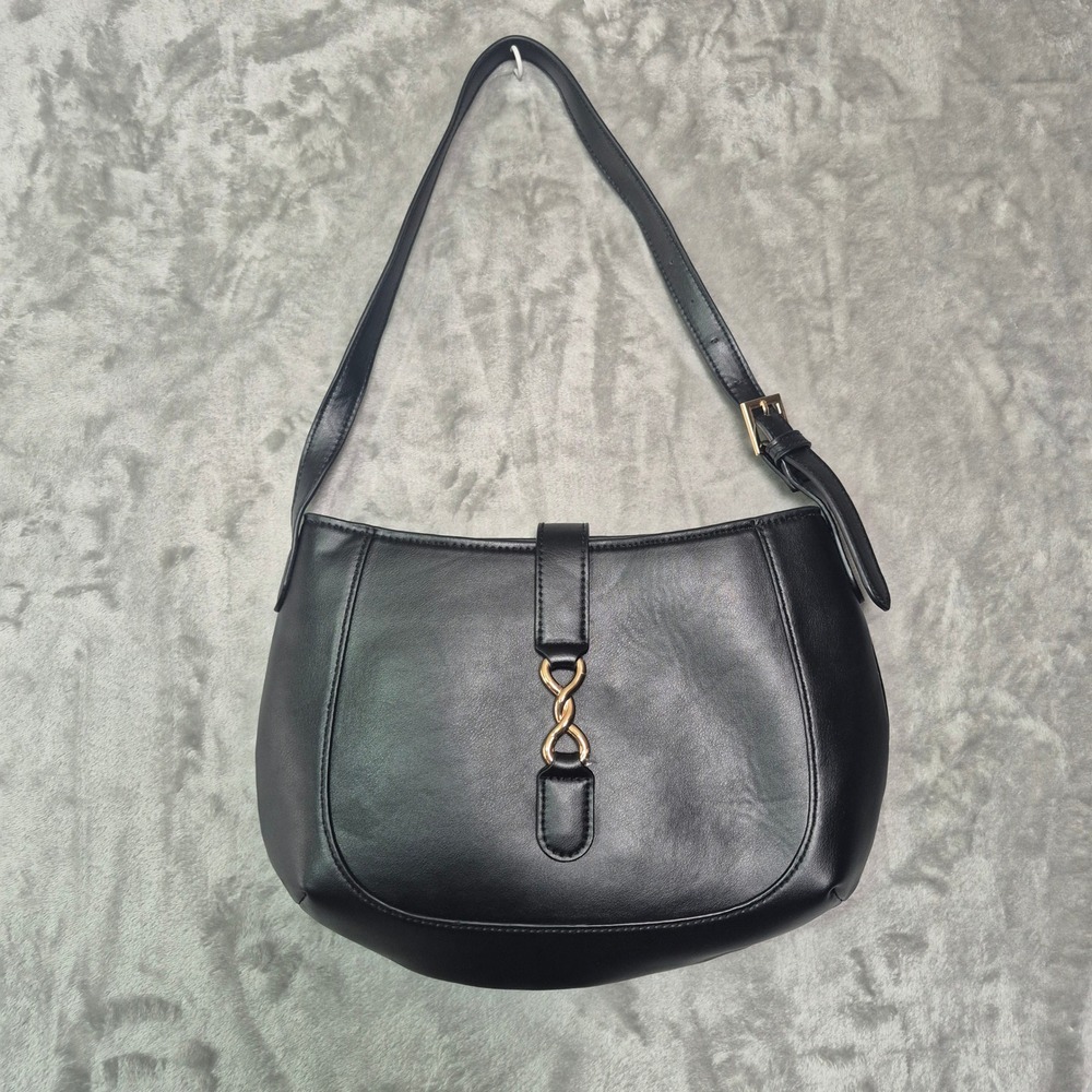 A New Day Black Faux Leather Hobo Shoulder Bag Gold Link Accent Adjustable Strap